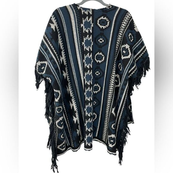 Anthropologie Dolan Avoca Poncho Open Front One‎ Size Blue Black Fringe - Picture 5 of 9